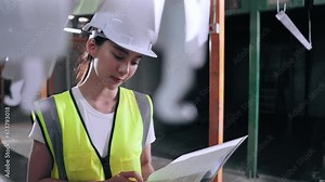 Engineer Asian woman wear vest safety open document file while check details and product inventory in warehouse at steel parts factory