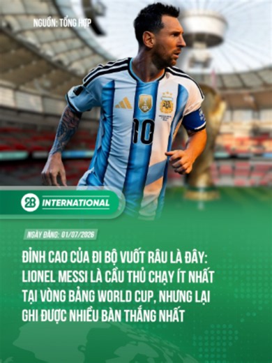 Đỉnh cao của đi bộ vuốt râu là đây: Lionel Messi là cầu thủ chạy ít nhất tại vòng bảng World Cup, nhưng lại ghi được nhiều bàn thắng nhất #28international #theanh28news #tiktoknews #lionelmessi #worldcup2026