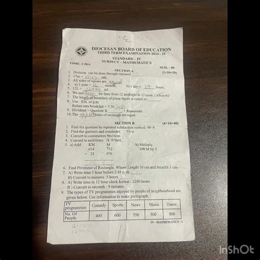 4th class question paper of mathematics, of third term ICSE board