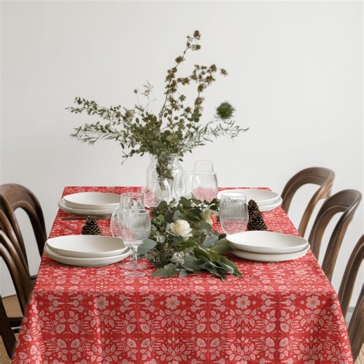 Red Floral Tablecloth, Vintage Folk Pattern Table Linen, Holiday & Farmhouse Dining Decor - Etsy
