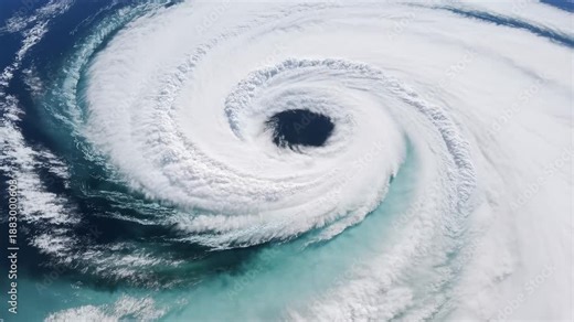 Dramatic ocean hurricane eye with rotating storm clouds