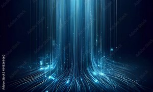 cascade of blue light beams descends from above, creating a futuristic and ethereal scene. The dark background accentuates the luminous streaks and tiny sparkles