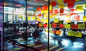 Creative team brainstorming ideas using sticky notes on a glass wall, Video