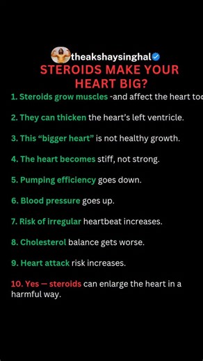 Akshay Singhal on Instagram: "Steroids don’t just grow muscles — they can enlarge your heart in a dangerous way. Stay informed, stay safe. ❤️⚠️ #steroidawareness #HeartHealth #FitnessEducation #StaySafe #GymFacts #theakshaysinghal #HealthMatters"