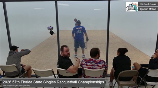 2026 57th Annual Florida State Singles Racquetball Championships Saturday, Court 4 Action Men's Age Singles: 60 (Semis) Richard Gross vs Ignacio Molina Sarasota YMCA - City Branch 1075 S Euclid Ave Sarasota, FL 34237 Feb 27th - Mar 1st, 2026 Draws: https://www.r2sports.com/website/event-website.asp?TID=51981 Website: https://www.florida-racquetball.org/ Facebook: https://www.facebook.com/FRAracquetball YouTube: https://www.youtube.com/@FloridaRacquetball | Florida Racquetball Association, Inc.