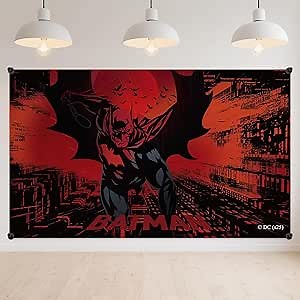 BATMAN Backdrop Banner 3x5ft – Official Licensed Red City Night Superhero Birthday Decoration, Hero Wall Hanging Banner, Hero Theme Party Decorations Photography Background