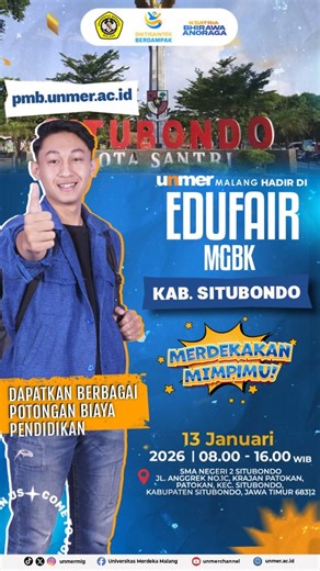Universitas Merdeka Malang on Instagram: "De' remma kabarre, Tretan Situbondo? 👋🏻✨ ​UNMER Malang dateng ke kotamu nih! Buat kamu siswa-siswi SMA/SMK se-Situbondo yang masih galau mau kuliah di mana, langsung merapat ke Edufair MGBK besok ya! ​Kita bakal kupas tuntas soal program studi favorit plus bagi-bagi info potongan biaya pendidikan spesial buat kamu. Jangan sampe lolos! 🔥 ​🗓 Besok, 13 Januari 2026 📍 SMA Negeri 2 Situbondo ⏰ 08.00 - 16.00 WIB ​Sampai ketemu di booth UNMER Malang! ​#Unm