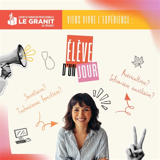 Centre de formation professionnelle Le Granit on Instagram: "🎓 Élève d’un jour au CFP Le Granit Tu hésites sur ton choix de carrière? Viens vivre l’expérience sur le terrain : visite, cours réel, activités pratiques et échanges avec nos enseignants et élèves. 👉 Découvre un métier, confirme ton choix! 🔗 Inscription : https://legranit.csshc.gouv.qc.ca/eleve-dun-jour/ 📞 819 583-5773, poste 2207 Diplômes d'études professionnelles offerts : Abattage manuel et débardage forestier | Aménagement de 