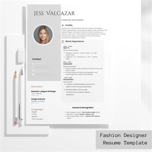 Professional Fashion Designer Resume – Modern, Editable CV With Bonus Portfolio for Job Applications & Career Growth - Etsy