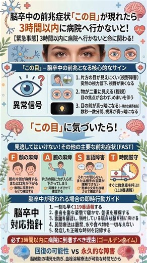 072 脳卒中の前兆症状「この目」が現れたら3時間以内に病院へ！ #脳卒中 #脳卒中の前兆 #ゴールデンタイム #健康情報 #FAST法則 #応急処置 #脳梗塞 #脳出血 #健康管理 #救急