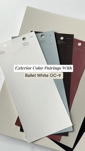 Exterior painting season is here so let’s start off with a few combinations anchored by Ballet White OC-9, which has just enough beige undertone to pretty much go with anything. See how we paired it, then head to our website or your locally owned store to shop color samples! #BenjaminMoore #Paint #Exterior #Home #PaintTok #HomeInspo #HomeImprovement #HomeRenovation