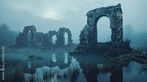 Misty Ruins Reflection: A haunting landscape photography showcasing ancient stone ruins reflected in a still, misty body of water, evocative of mystery and forgotten history.