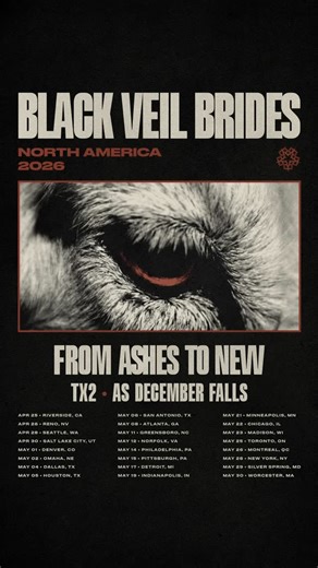 Andy Biersack on Instagram: "TOUR ANNOUNCEMENT! North America 2026 with special guests: From Ashes to New, TX2 and As December Falls Tickets On Sale this Friday Use Code: BVBTOUR2026 for Early Access BlackVeilBrides.net Apr 25: Riverside, CA Apr 26: Reno, NV Apr 28: Seattle, WA Apr 30: Salt Lake City, UT May 1: Denver, CO May 2: Omaha, NE May 4: Dallas, TX May 5: Houston, TX May 6: San Antonio, TX May 8: Atlanta, GA May 11: Greensboro, NC May 12: Nortolk, VA May 14: Philadelphia, PA May 15: Pitt