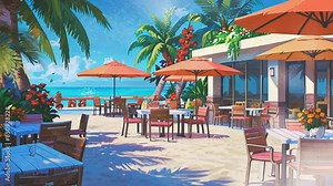 landscape of a resort or restaurant on the beach in summer, with a seamless looping virtual 4k video animation background.