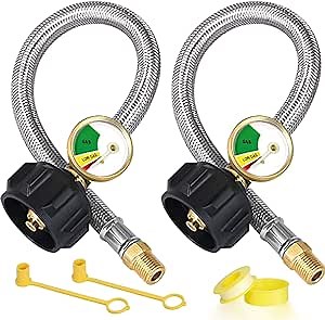 15-Inch RV Propane Tank Hose with Gauge, Stainless Steel Camper Propane Hose for RV 2-Stage Regulator, 1/4 Male NPT & QCC 1 Fittings, 350PSI, 2 Pack