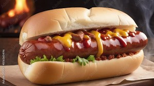 Tasty Hot Dog Drizzled with Ketchup and Mustard, 4k animation video looping