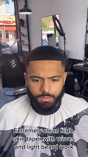 Clean High Skin Taper with Waves and Light Beard