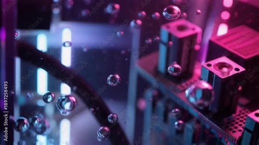 Two-Phase Immersion Cooling System with Boiling Dielectric Fluid Bubbles. Macro of Submerged Electronics in Neon Pink Light
