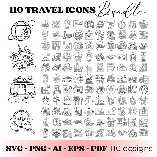 Travel Icons SVG Bundle | 110 Travel Icon Line Art SVG | Travel SVG Icons | Vacation Icons | Trip Planner Icons | Digital Download - Etsy