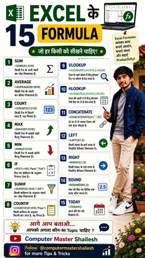 Ms Excel ke 15 formula.. जो हर किसी को सीखना चाहिए..#computer #formula #excel #viralreels #shortcut