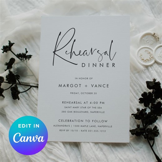 Rehearsal Dinner Invitation Template | Modern Minimalist Black & White | Editable Canva - Etsy