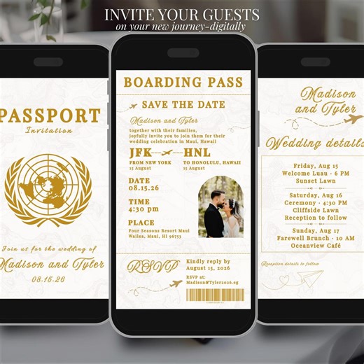 Destination Wedding Invitation, Gold Passport and Boarding Pass Design, Travel Wedding Invite, DIY Editable - Etsy