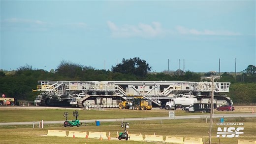 Artemis II got one step closer, as the Crawler Transporter rolled toward the Vehicle Assembly Building to pick up the SLS/Orion stack and its Mobile Launch Tower and roll them to LC-39B for launch in the coming weeks to the moon. | NASASpaceflight.com