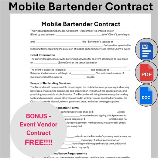 Mobile Bartender Contract Form , Customizable Mobile Bar Contract Template, Printable Bartending Services Agreement, Wedding Event Contract - Etsy