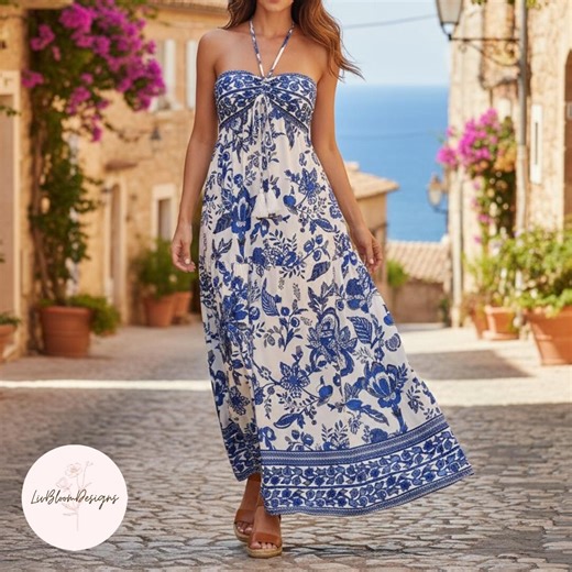 Boho Halter Maxi Dress - Strapless Floral Summer Sundress, Tassel Front Beach Vacation Outfit - Etsy