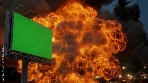 Massive city building explosion engulfs urban area in fire and smoke beside a green screen billboard a dramatic visual effect for your project