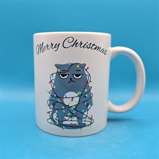 Grumpy Cat Christmas Mug - Funny Festive Cup - Tangled in Lights - Perfect Christmas Gift - Etsy UK