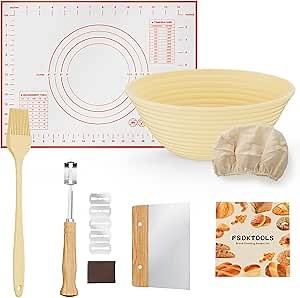 Silicone Banneton Bread Proofing Basket Set, 9 Inch Round Foldable Sourdough Bread Baking Supplies with Linen, Sourdough Starter Kit, Bread Making with Essential Tools, Bread Lame