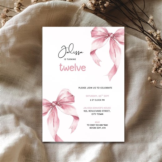12th Birthday Invitation for Girls: Editable Pink Bow Coquette Invite - Ribbon (digital Download) LF05 - Etsy