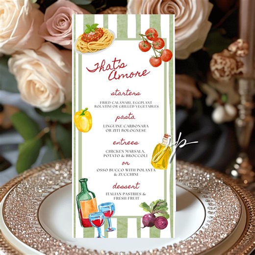 Italian Bridal Shower Menu Card Template That's Amore Dinner Table Menu Editable Green Stripe Summer Wedding Shower Canva Digital Download - Etsy