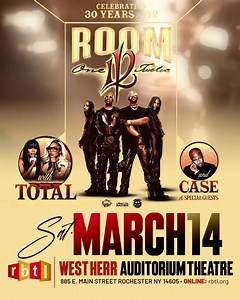 CELEBRATING 30 YEARS ⌛️ “ 112 “ 🎙️ THE ROOM 112 TOUR 🎶 WITH SPECIAL GUEST: - #TOTAL 🚦 - #CASE 🚦 DATE: MARCH, 14TH (2026) 🗓️ TICKETS GO ON SALE FRI @ 10AM 🕙 Rochester Auditorium Theatre Online: https://www.ticketmaster.com/event/00006355B1FA68A4 | Rmg entertainment LLC