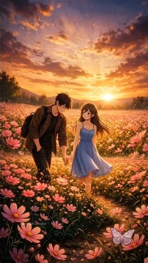 "Walking Into Forever — Flower Field Sunset Romance AI Art 🌸🌅💕"
