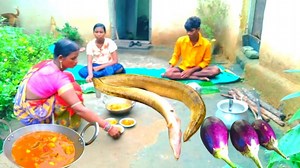 How they Cook and Eat SNAKE FISH curry with BRINJAL in tribe village l Tribe cooking | Village Foods