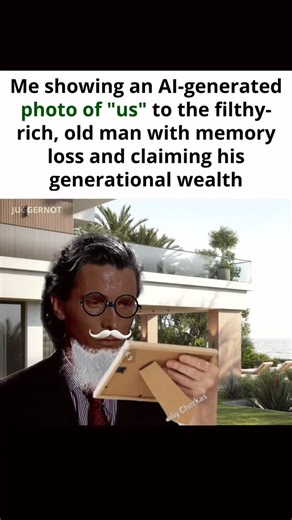 This goofy ahh meme goes way too hard. Using an AI-generated “family photo” to trick a filthy-rich old man with memory loss into thinking we share generational bonds is wild enough, but getting the Batman suit, the gold stacks, the yacht, and the PS5 takes the chaos and humor to another level. It’s peak. The unhinged Dafoe smile, the unearned billionaire confidence, and the brainrot logic of “AI will make me rich” all collide perfectly here. Featuring the "Oh right yeah of course" scene from the