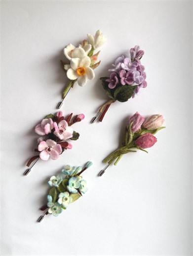 Felt Flower Brooch: Spring Floral Pin, Lilac, Tulip, Daffodil - Etsy