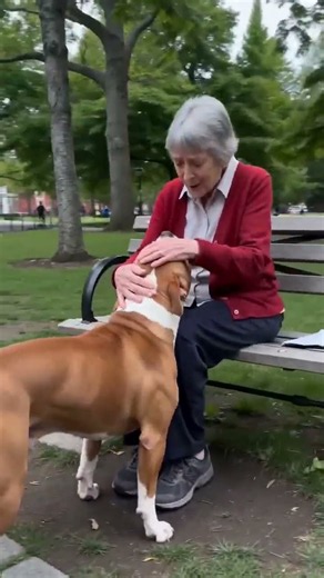 Dog runs up to greet woman on park bench and rolls over for belly rubs