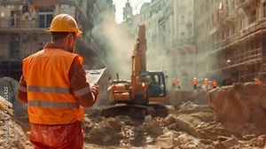 Civil engineer seen using tablet at construction site during sunset which large construction machinery, including excavators