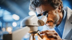 Microscopic Marvel: A dedicated scientist intently observes through a high-powered microscope, engrossed in his research within a cutting-edge laboratory environment.