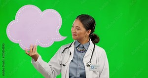 Speech bubble, woman doctor and green screen for healthcare solution, goals and brainstorming mockup. Thinking poster, ideas and medical nurse or asian person for memory on a studio background