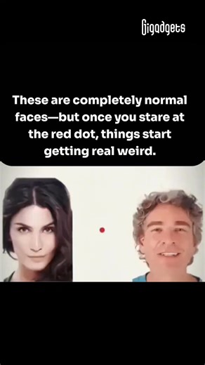 This is called the Flashed Face Distortion Effect. When you stare at the red dot while faces flash quickly around it, your brain processes them using peripheral vision. This limited input causes your brain to exaggerate differences between the faces, blending features in strange and creepy ways—even though all the faces are completely normal. #braintricks #opticalillusion #gigadgets #creepy #cool | GIGadgets