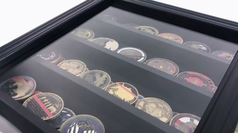 Atsknsk Military Challenge Coin display Case with HD Toughened Glass and Hanging Mount, Coin display , Rack with Removable 2 Grooves Shelves, Mahogany Finish