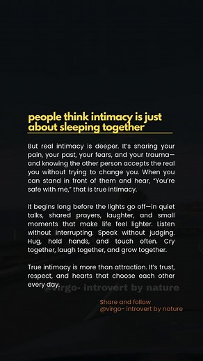 30K views · 312 reactions | Intimacy is more than attraction. It’s listening, holding hands, and showing up for each other. It’s growing together, not just being together. #RealIntimacy #EmotionalConnection #TrueLove #TrustAndLove #DeepConnection #LoveBeyondPhysical #RelationshipGoals #SoulfulLove #HeartToHeart #IntimacyMatters #LoveAndTrust #EmotionalSafety #virgointrovertbynature #couple #love | Virgo - introvert by nature | Facebook