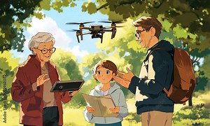 Family Learning Drone Navigation Outdoors illustration cartoon with ai generated. Stock Video
