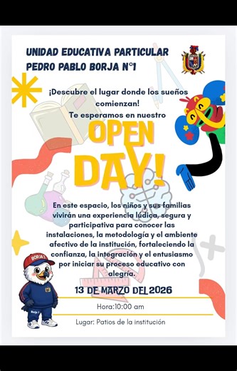 La Unidad Educativa abre sus puertas para que conozcas de cerca nuestra propuesta educativa, nuestras instalaciones y el compromiso que tenemos con la formación integral de nuestros estudiantes. Será un espacio especial para compartir con directivos, docentes y estudiantes, recorrer nuestras aulas, laboratorios y áreas recreativas, y descubrir los proyectos académicos, deportivos, culturales y clubes que fortalecen el aprendizaje. 📅 Fecha: 13 de marzo 🕘 Hora: 10:00 📍 Lugar: Patios de la insti