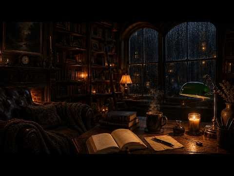 Rainy Library at Night ☕ Cozy Ambient Music for Studying, Reading & Deep Focus (3 Hours)