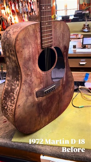 From swamp relic to stage-ready stunner 🌿➡️✨ This 1972 Martin D-18 came to us looking like it had spent decades underwater — now it’s singing again after a full restoration, including a neck reset and refinish. Another reminder that no guitar is too far gone to be brought back to life. #martinguitars #martind18 #vintageguitarrestoration #beforeandafter #clinganguitartone #vintagevibes #guitarrepair #melbourneguitars | Clingan Guitar Tone